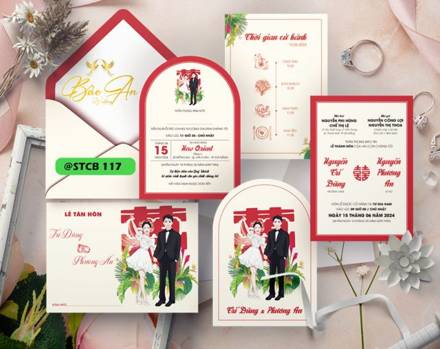 Thiệp Chibi vest cưới tone kem đỏ (STCB 117)