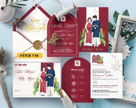 Thiệp Chibi áo dài tone đỏ rượu vang (STCB 118)