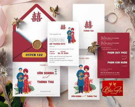Thiệp Chibi áo dài xanh đỏ chữ Hỷ (STCB 122)