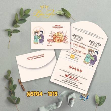 Thiệp túi gấp 4 kem chibi cặp đôi (STG4 1215)