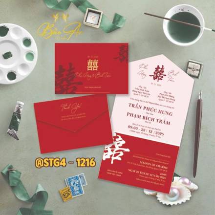 Thiệp túi gấp 4 đỏ chữ Hỷ hồng nhạt (STG4 1216)