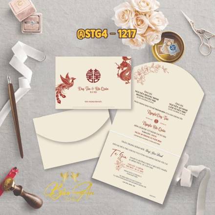 Thiệp túi gấp 4 kem chữ Hỷ phụng rồng (STG4 1217)
