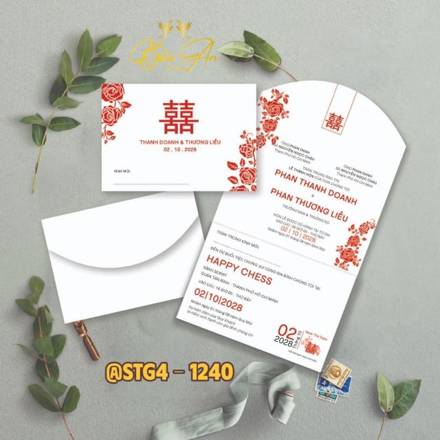 Thiệp túi gấp 4 trắng chữ Hỷ hoa đỏ cờ tướng (STG4 1240)
