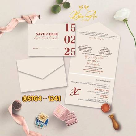 Thiệp túi gấp 4 kem Save the Date tối giản (STG4 1241)