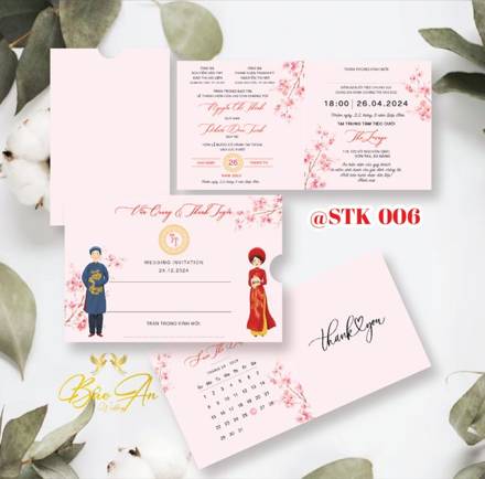 Thiệp kéo hồng phấn áo dài hoa đào (STK 006)