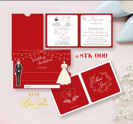Thiệp kéo đỏ đèn dây Wedding Invitation (STK 009)