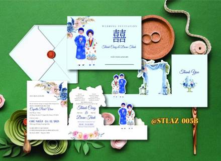 Thiệp 3D áo dài xanh dương nền xanh lá (STLAZ 005B)