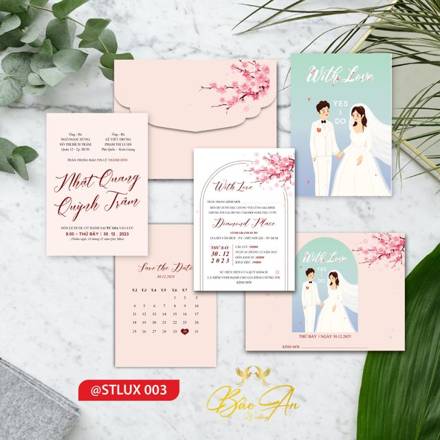 Thiệp Luxury hồng đào cô dâu chú rể (STLUX 003)