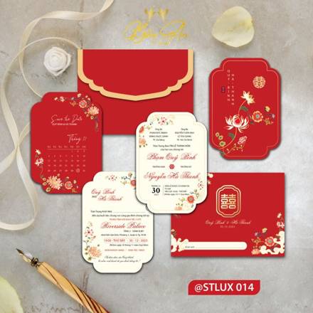 Thiệp Luxury đỏ chữ Hỷ hoa vàng (STLUX 014)