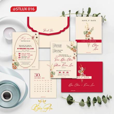 Thiệp Luxury kem phong bì đỏ hoa xanh (STLUX 016)