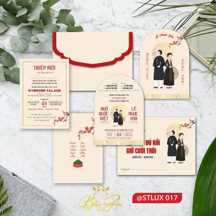 Thiệp Luxury kem đỏ cặp đôi áo dài (STLUX 017)