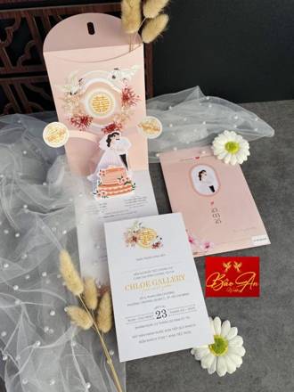 Thiệp Pop-up hồng chữ Hỷ bánh cưới (STPOP 105)