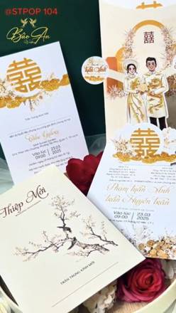 Thiệp Pop-up chữ Hỷ vàng cành đào (STPOP104)
