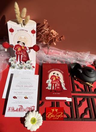 Thiệp Pop-up áo dài đỏ lồng đèn (STPOP106)