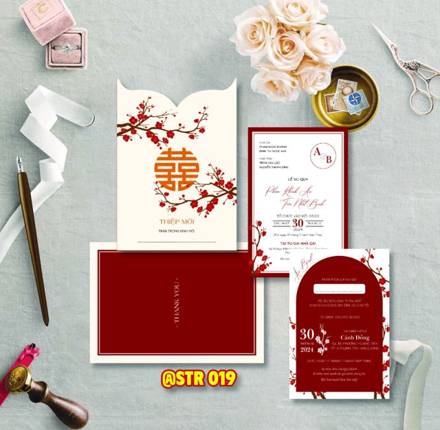 Thiệp rút chữ Hỷ cành đào tone đỏ kem (STR 019)