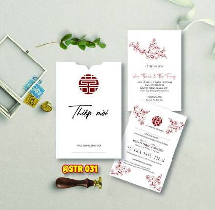 Thiệp rút chữ Hỷ trắng cành đào (STR 031)