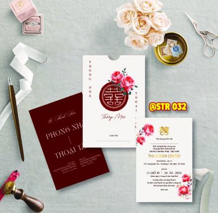 Thiệp rút nâu đỏ chữ Hỷ hoa hồng (STR 032)