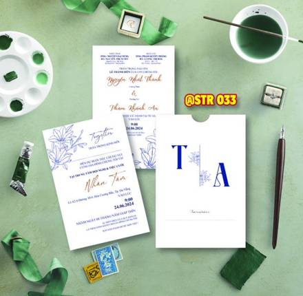 Thiệp rút trắng xanh hoa văn tối giản (STR 033)