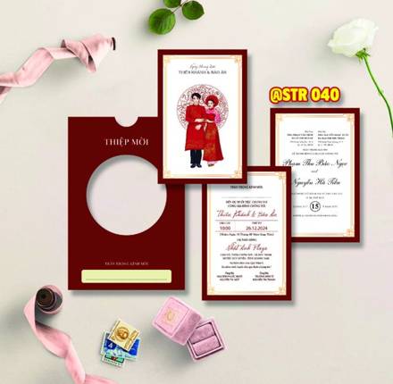 Thiệp rút nâu đỏ áo dài khoét tròn (STR 040)