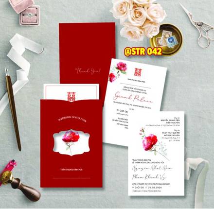Thiệp rút đỏ khoét hoa hồng (STR 042)