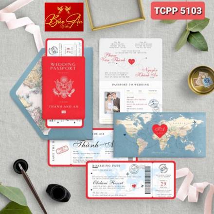 Thiệp Passport đỏ trắng bản đồ trái tim (TCPP 5103)