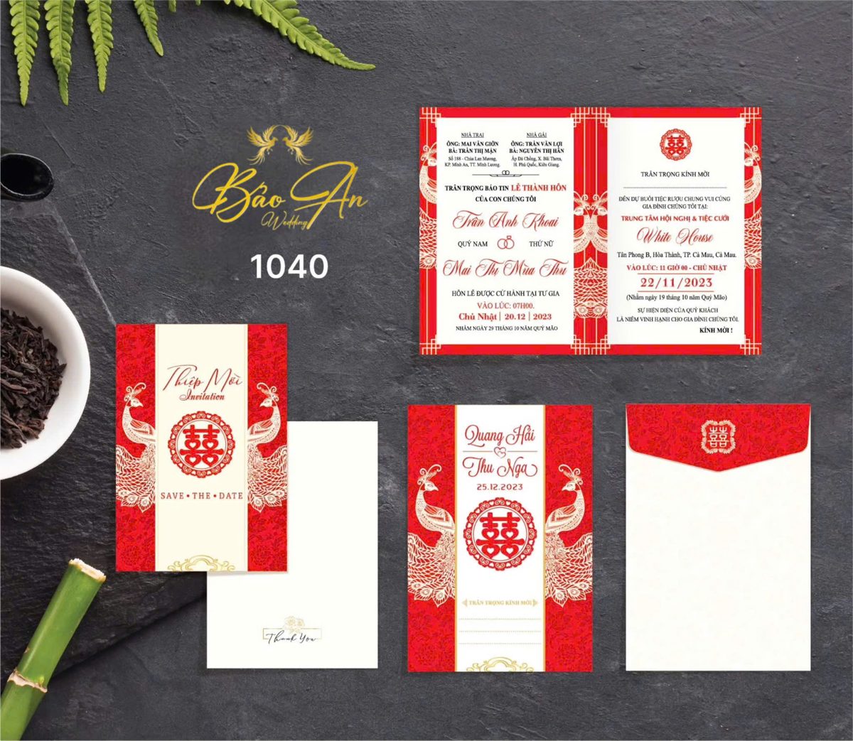 Thiệp chim phụng chữ hỷ tròn tone đỏ trắng (1040)