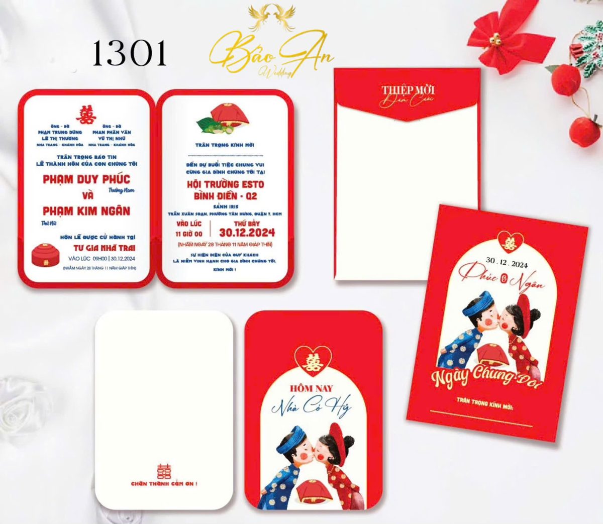 Thiệp chibi áo dài hôn nhau tone đỏ trắng (1301)