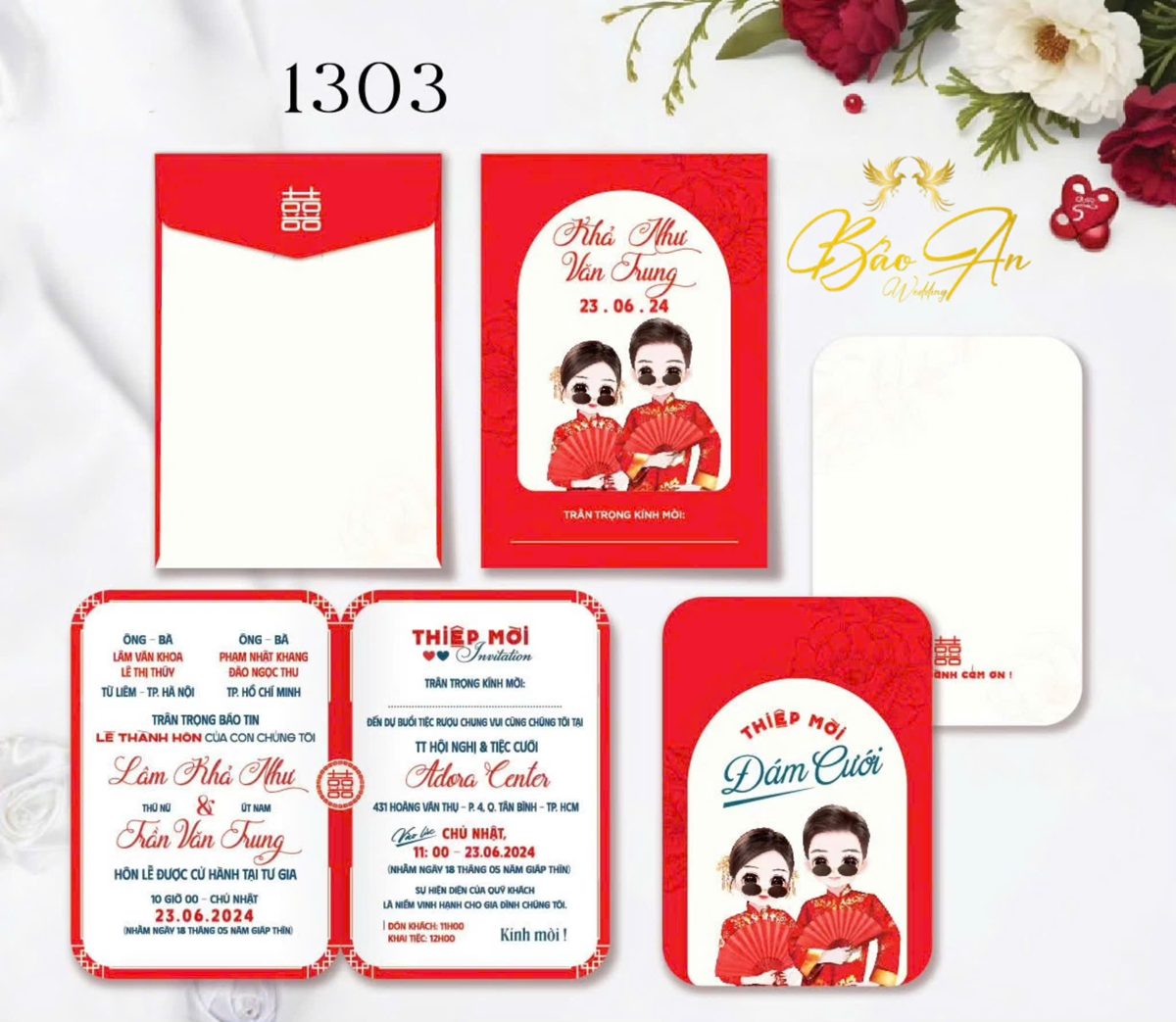 Thiệp chibi kính râm cầm quạt tone đỏ trắng (1303)