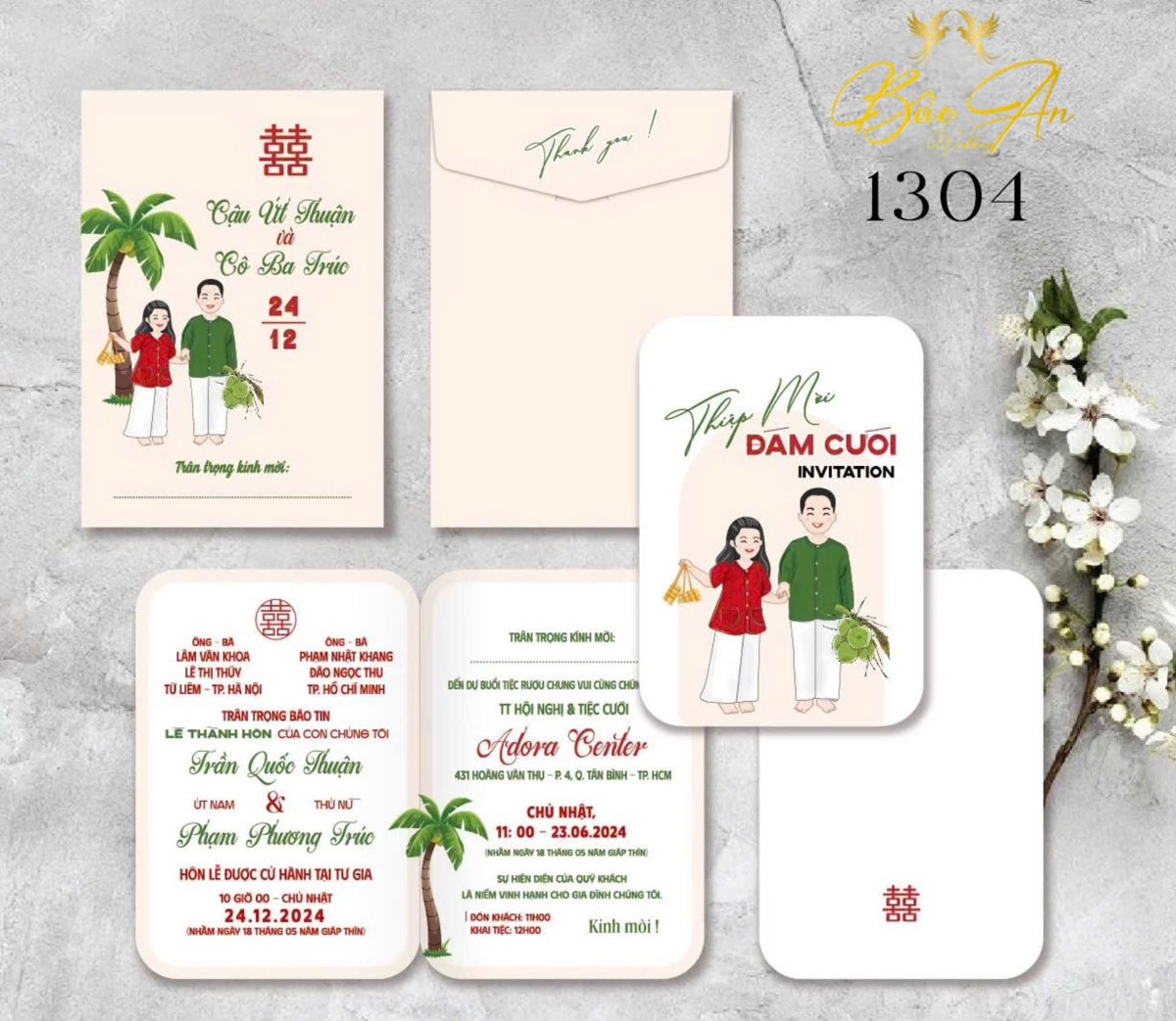 Thiệp chibi áo bà ba dừa nước tone kem (1304)