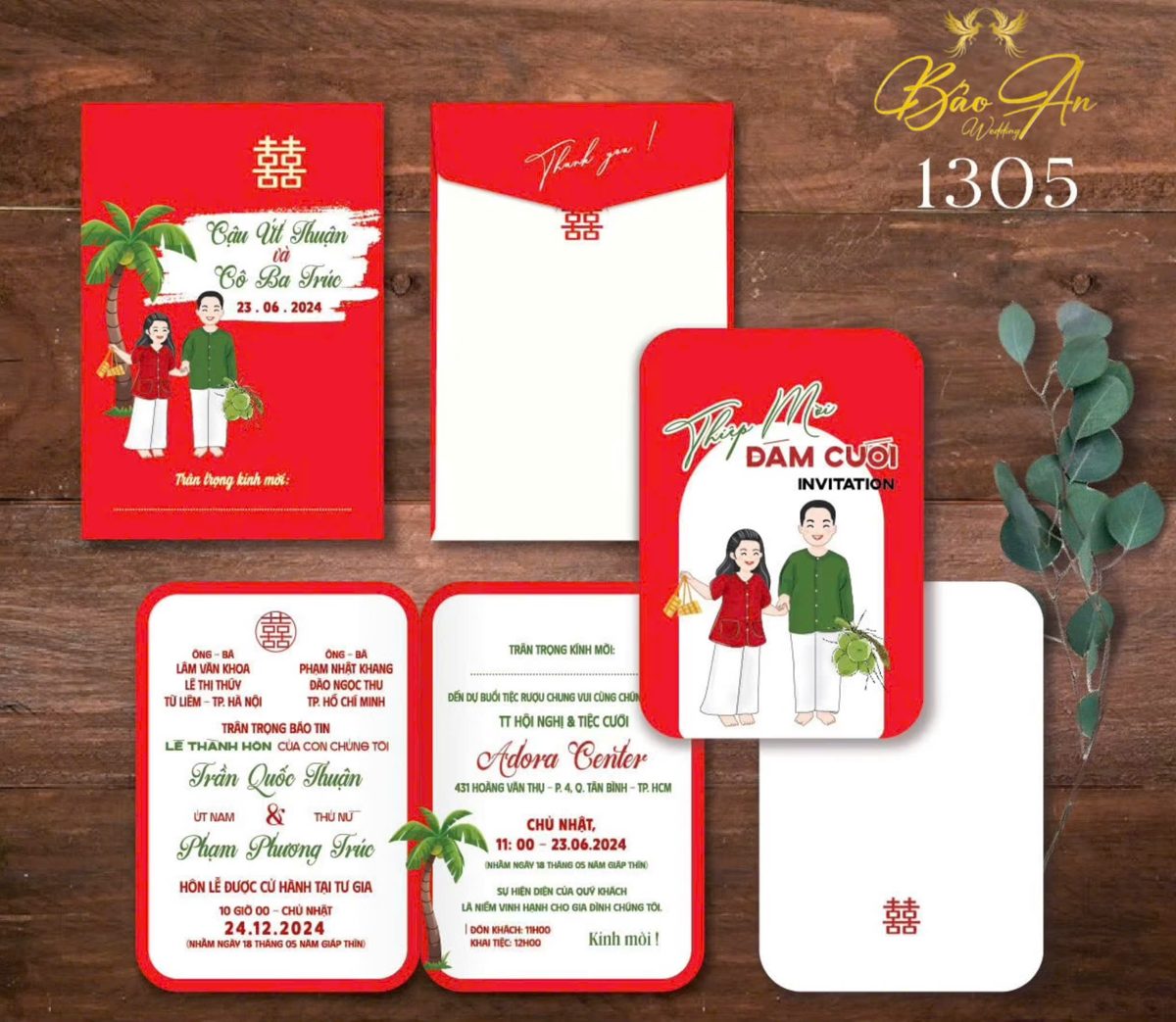 Thiệp chibi áo bà ba dừa nước tone đỏ (1305)