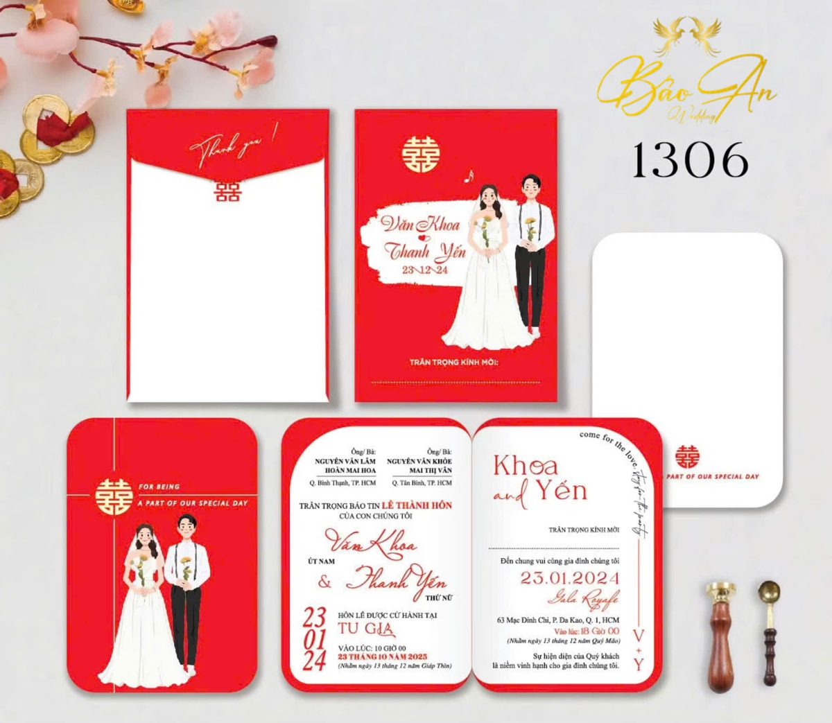 Thiệp chibi váy cưới vest tone đỏ trắng (1306)