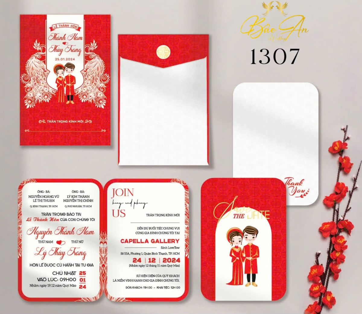 Thiệp chibi áo dài đỏ chim phụng tone đỏ trắng (1307)
