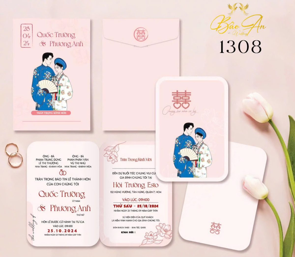 Thiệp chibi áo dài xanh cầm quạt tone hồng (1308)