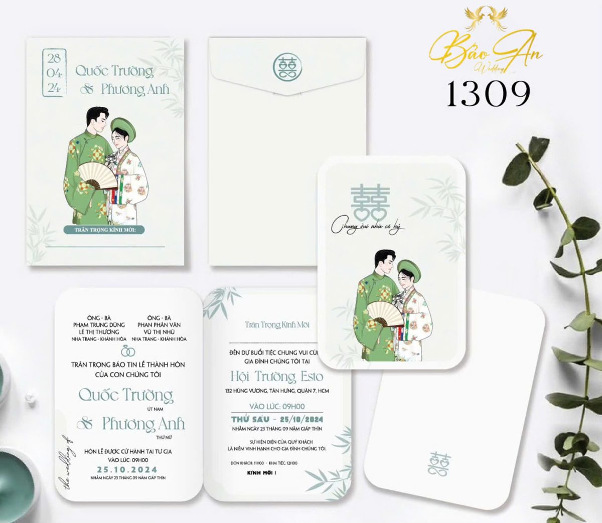 Thiệp chibi áo dài xanh lá cầm quạt tone xanh mint (1309)