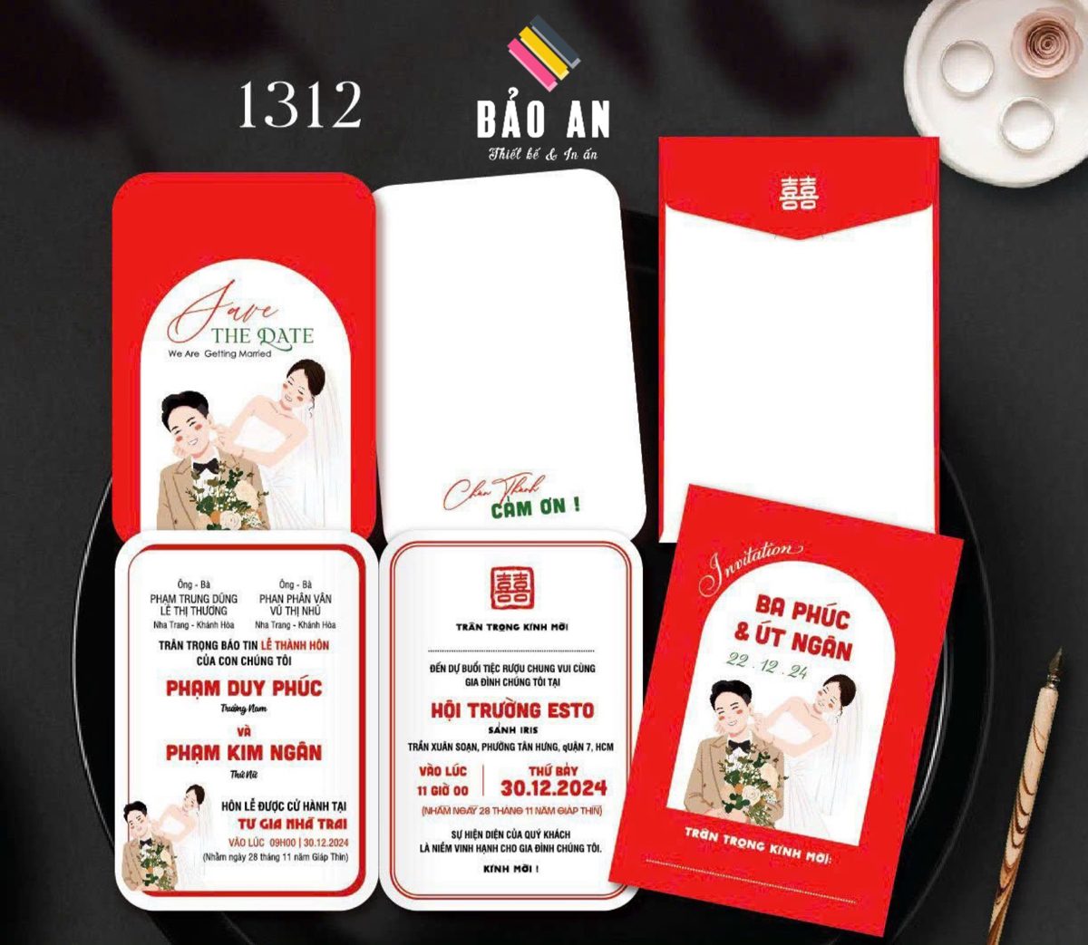 Thiệp khung vòm chibi dâu rễ tone đỏ trắng (1312)