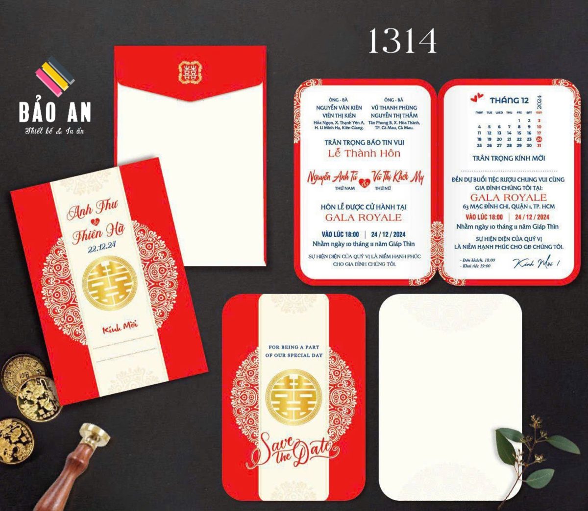 Thiệp chữ hỷ tròn tone đỏ trắng (1314)
