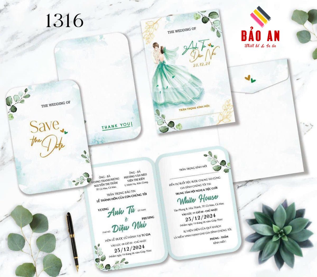 Thiệp chibi cô dâu váy xanh ngọc tone xanh mint (1316)