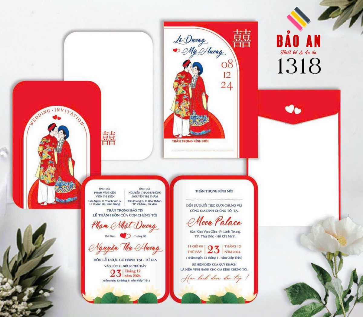 Thiệp chibi áo dài hoa văn đỏ tone đỏ trắng (1318)