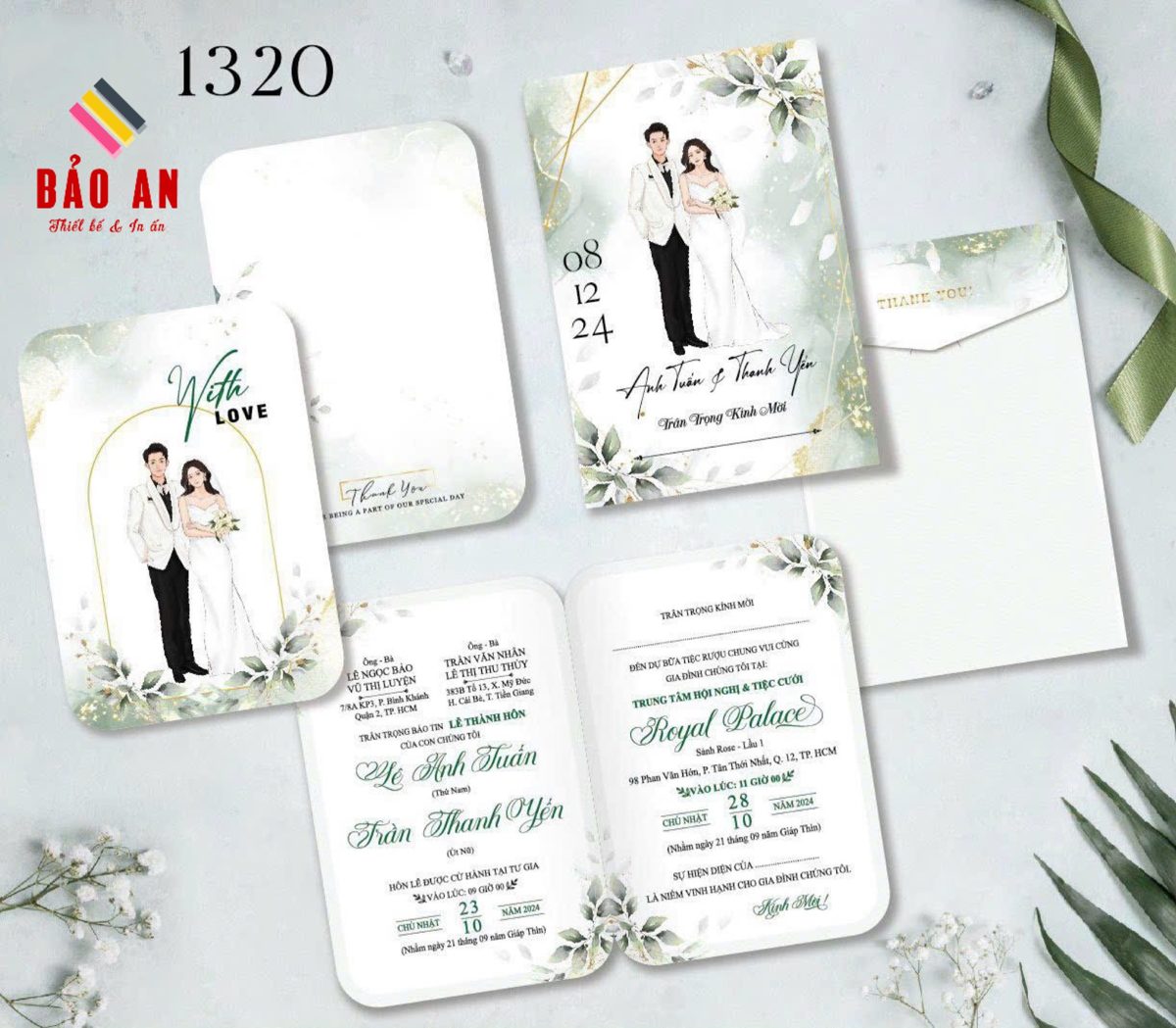 Thiệp chibi vest trắng lá xanh tone trắng (1320)