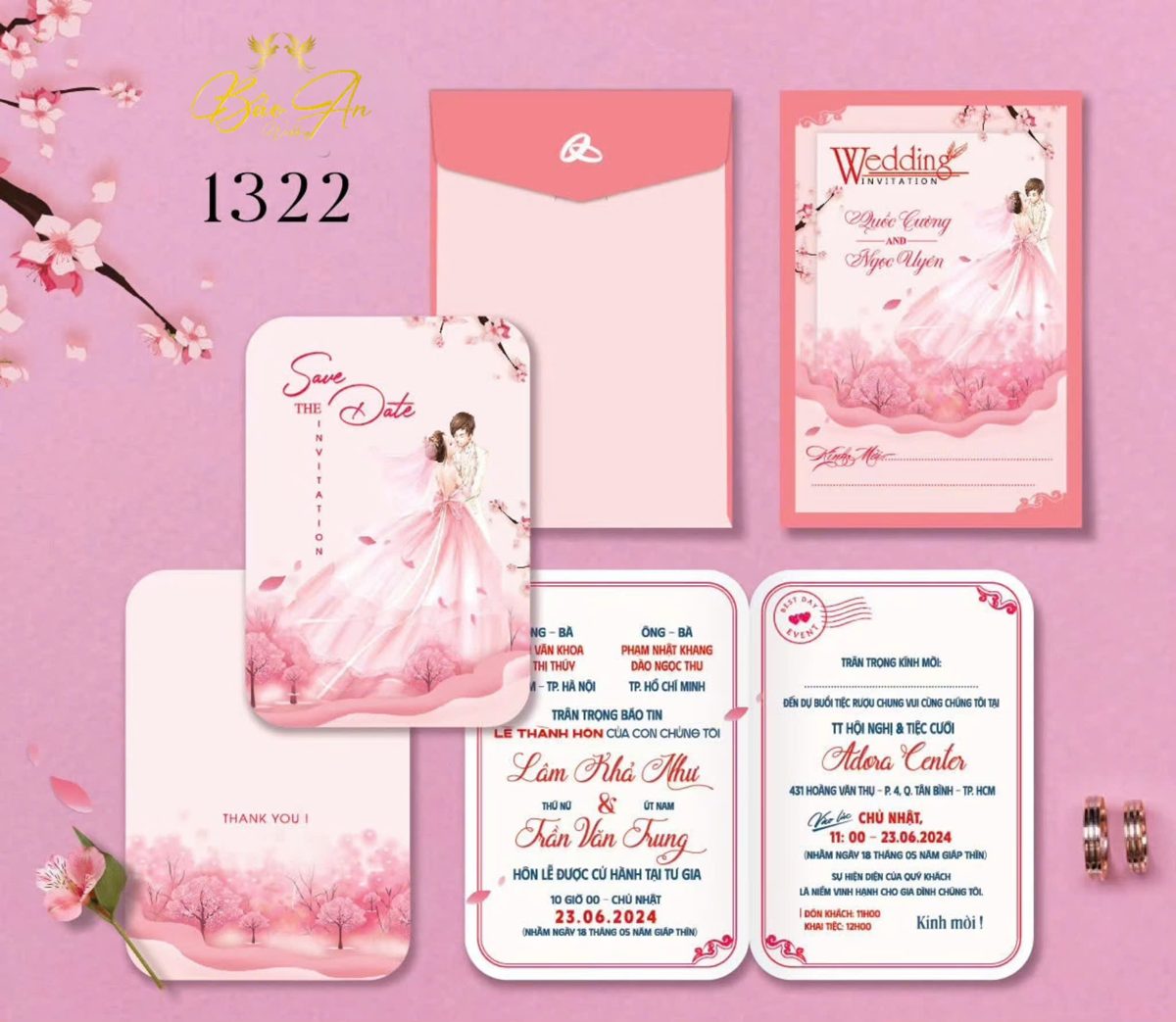 Thiệp chibi váy hồng hoa anh đào tone hồng (1322)