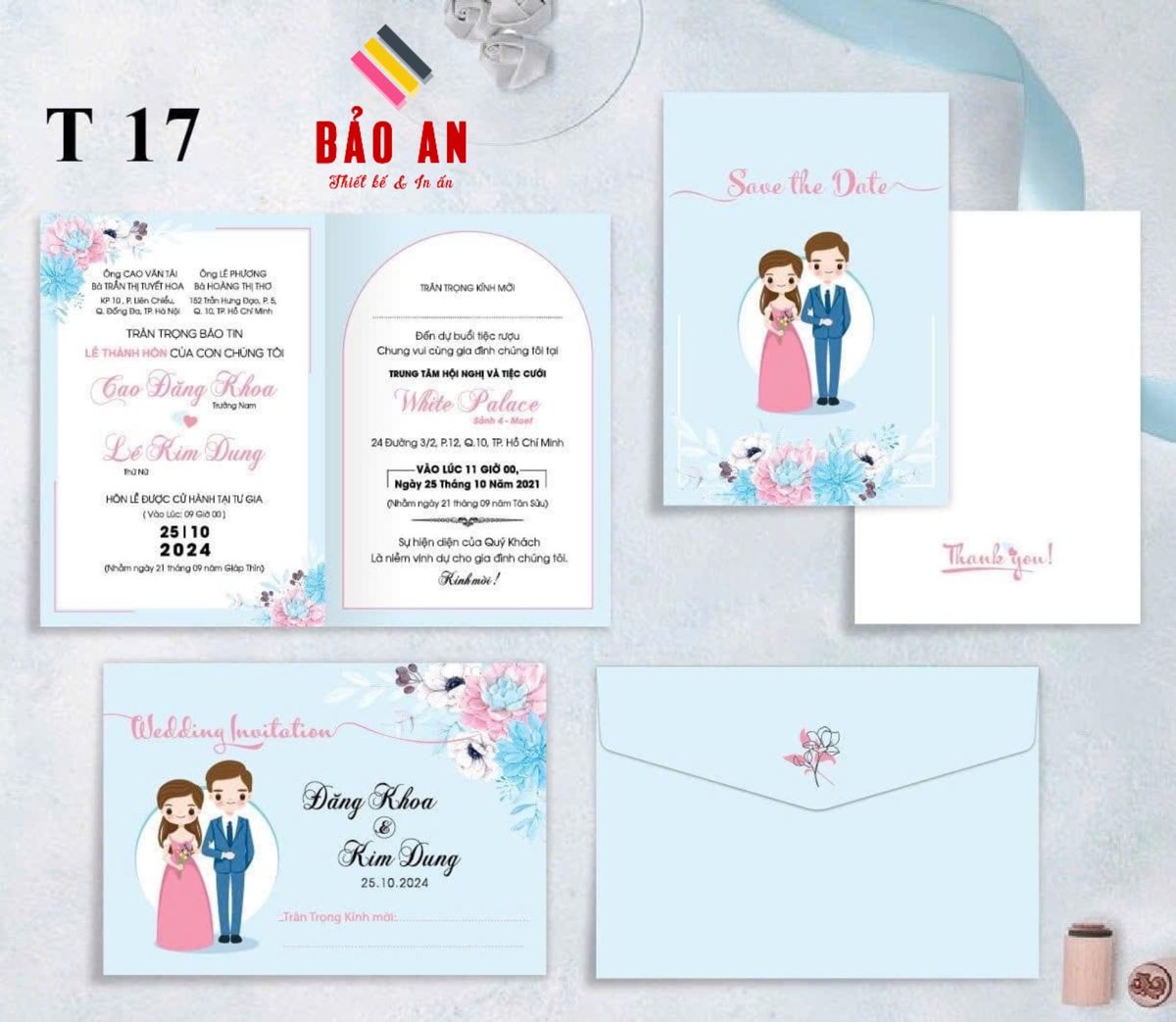 Thiệp chibi áo hồng vest xanh tone xanh dương nhạt (T17)