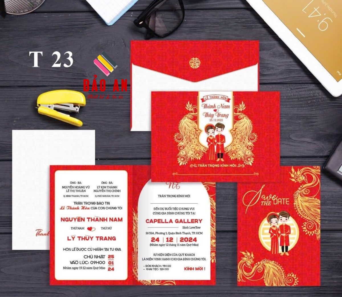 Thiệp chibi áo dài chim phụng vàng tone đỏ (T23)