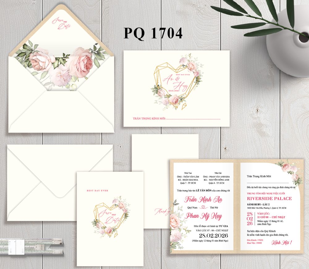 Thiệp tim hoa hồng tone kem (1704)
