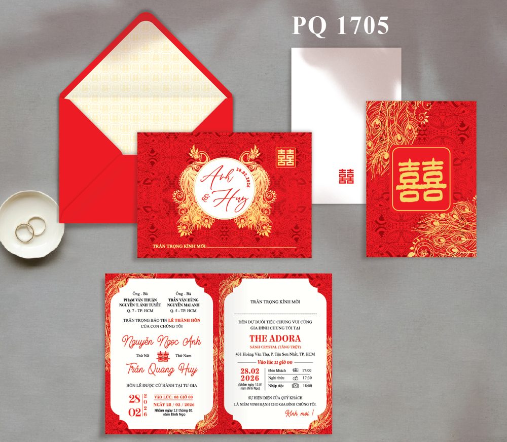 Thiệp hoa văn song hỷ tone đỏ (1705)