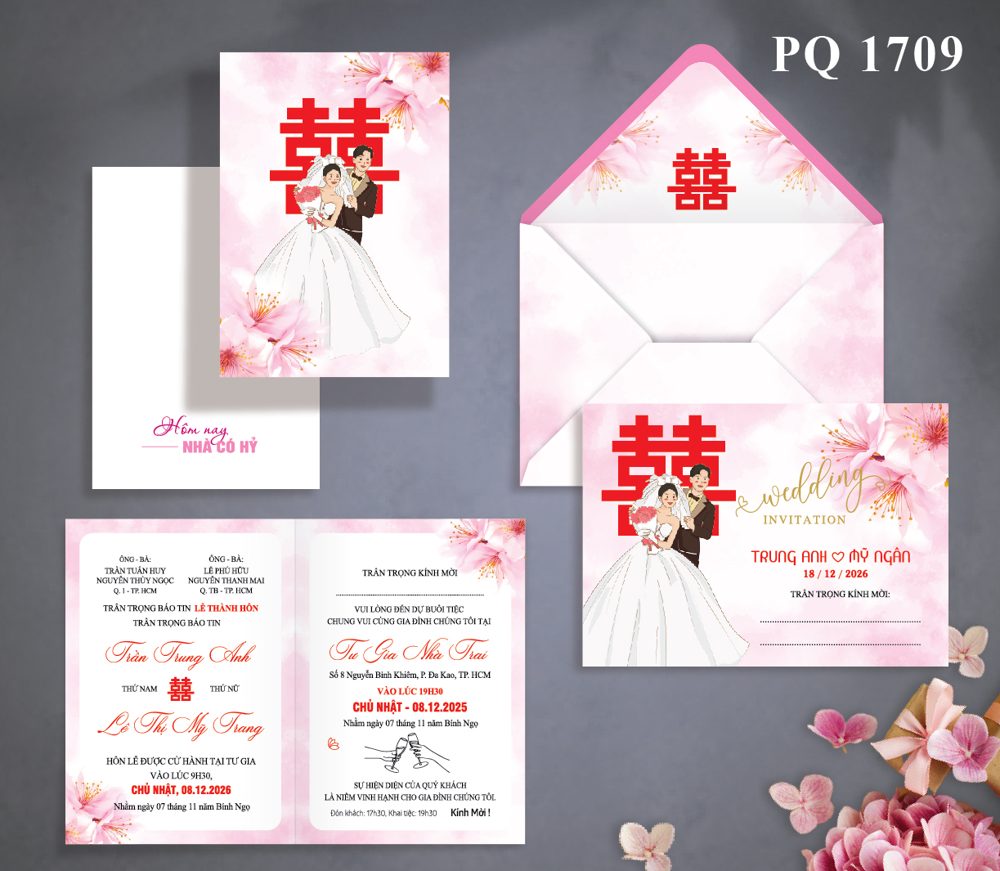 Thiệp hoa đào cô dâu tone hồng (1709)