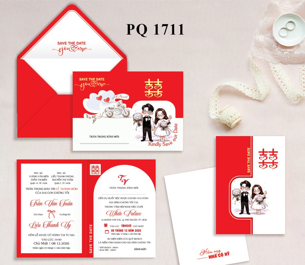 Thiệp chibi nhà có hỷ tone đỏ (1711)