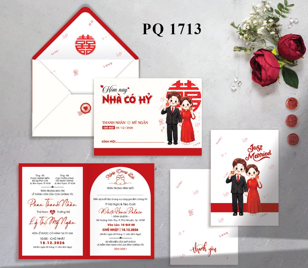Thiệp chibi dâu rễ áo dài tone đỏ trắng (1713)