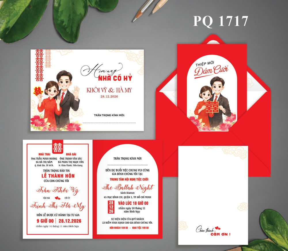 Thiệp chibi dâu rễ hoa tone đỏ (1717)