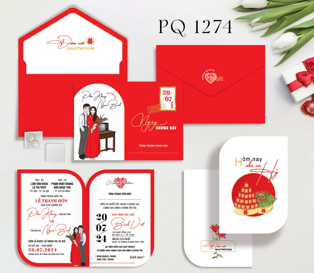 Thiệp chibi dâu rễ áo dài tone đỏ (PQ 1274)