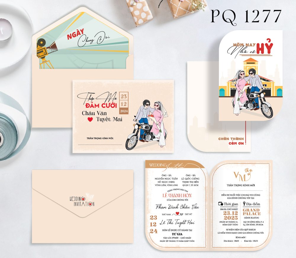 Thiệp chibi dâu rễ xe máy tone kem (PQ 1277)